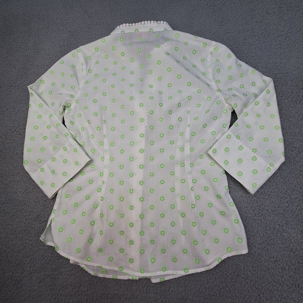 Lilly Pulitzer Shirt Womens 2 White Green Embroidered Pom Pom Trim Preppy Top - Picture 2 of 8
